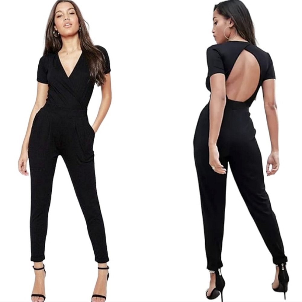 ASOS DESIGN Black Wrap Front Jersey Jumpsuit - Picture 1 of 9